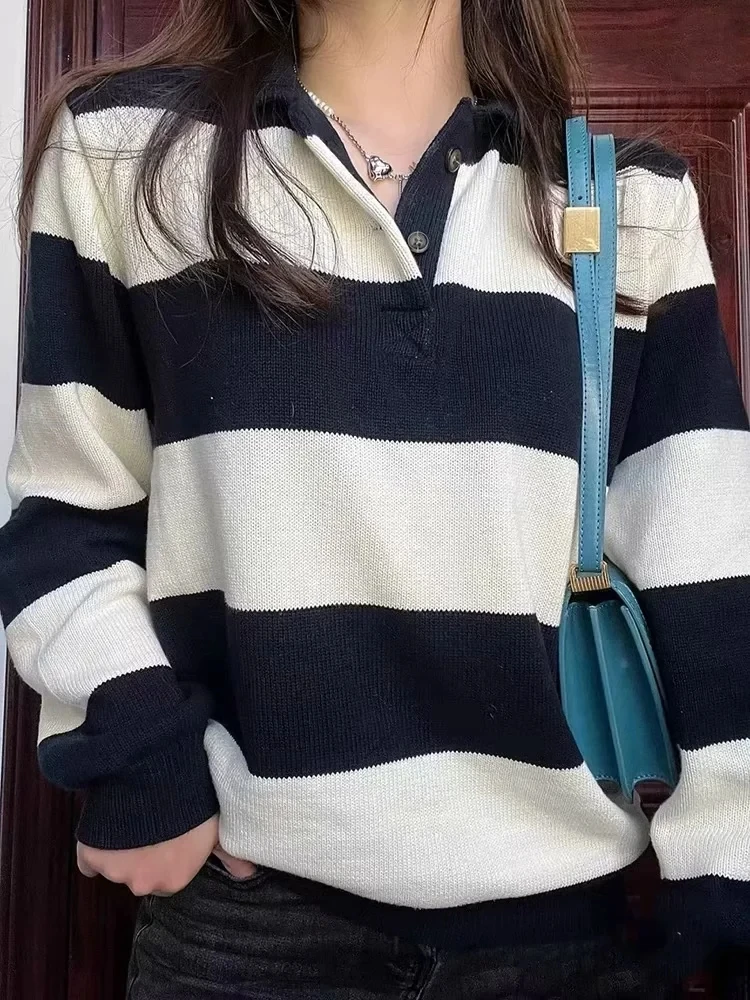 Brandy BM Новый американский поло-воротник в консервативном стиле полосатый свитер