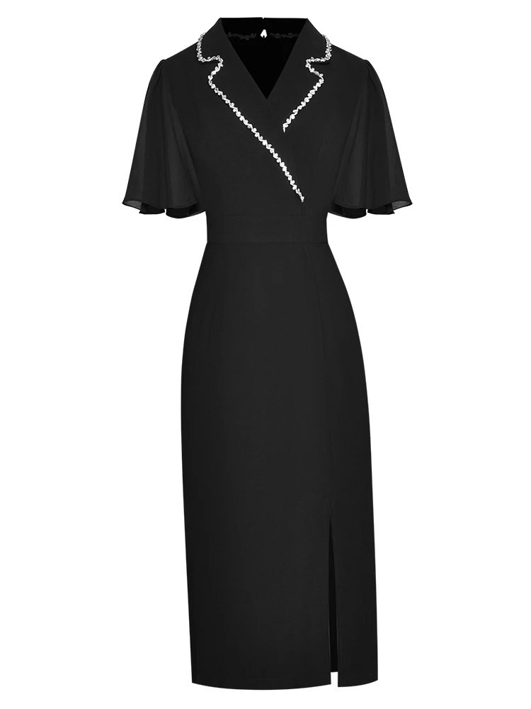 

Женское платье с оборками на рукавах, с разрезом на бедрах