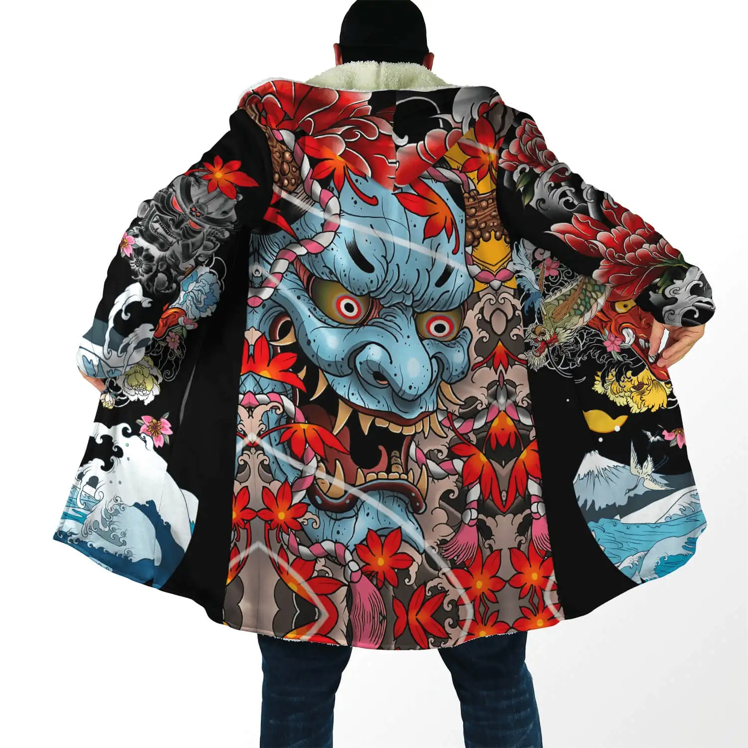 

CLOOCL Mens Autumn Winter Cloak Japanese Sakura Samurai Tattoo 3D Print Fleece Hooded Cloak Unisex Harajuku Thick Warm Cape Coat