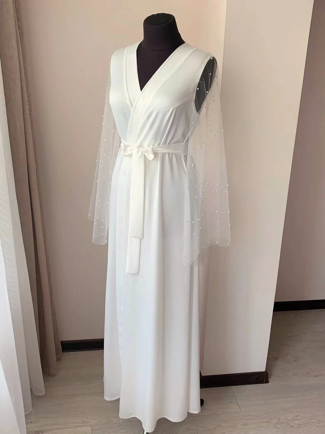 Pearl Robes For Bride And Ladies Summer Wedding Dress Sheer Sleeve White Bridal Silk Satin Pajamas Women's Luxury Bride to Be