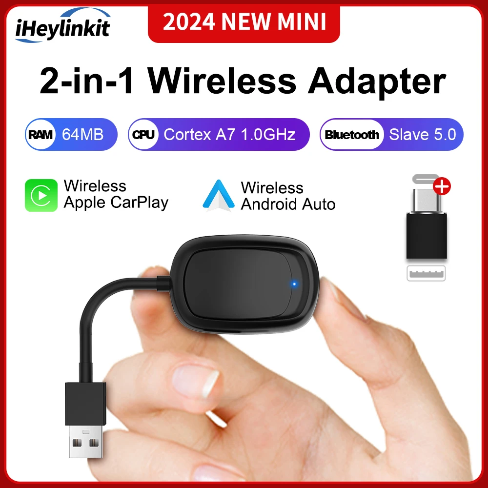 

IHeylinkit 2024, 2 в 1, мини-беспроводной Carplay, Android-адаптер, беспроводной адаптер, умное подключение для большинства моделей автомобилей