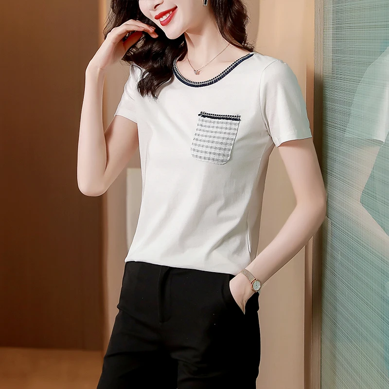 

Silk Cotton Women's T-shirt Summer 2023 New Solid Loose Tee Short Sleeves Patchwork Ladies Top O-neck Clothing YCMYUNYAN