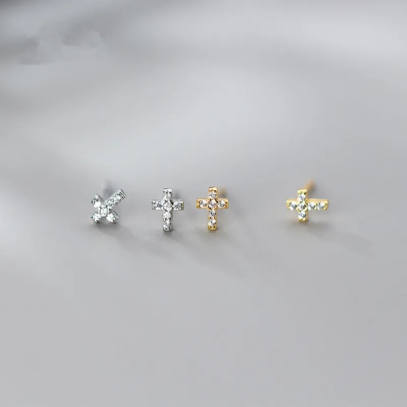 100% 925 Sterling Silver Zircon Pircing Stud Earrings for Women Geometric Cross Earrings Fashion Jewelry b101