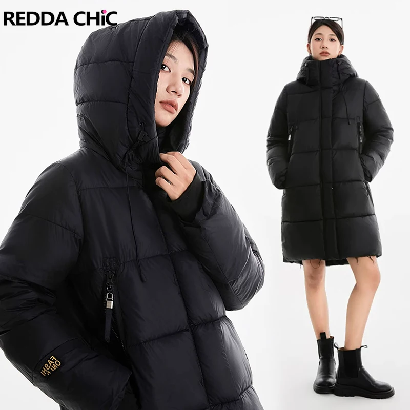 

ReddaChic Gold Label Black Hooded Down Jacket for Women Thick Warm Winter Parkas Plain Casual Long Sleeves Quilted Puffer Coat