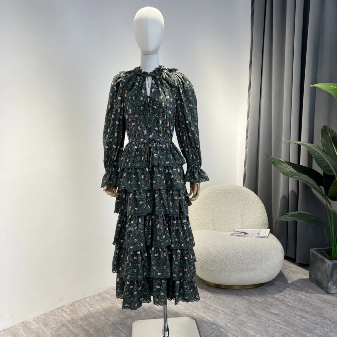 

2022 Autumn New Fashion Yellow Dark Green Little Floral Print Long Sleeve Cascading Ruffles Flouncing Cotton Midi Dress Women