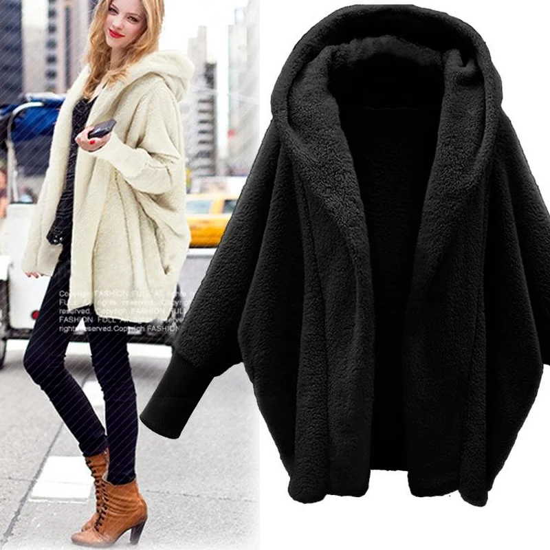 New Autumn and Winter Women's Coat Vestido Fashion Casual Loose Solid Color Full-sleeved Long-sleeved Hooded Loose Plush Jacket