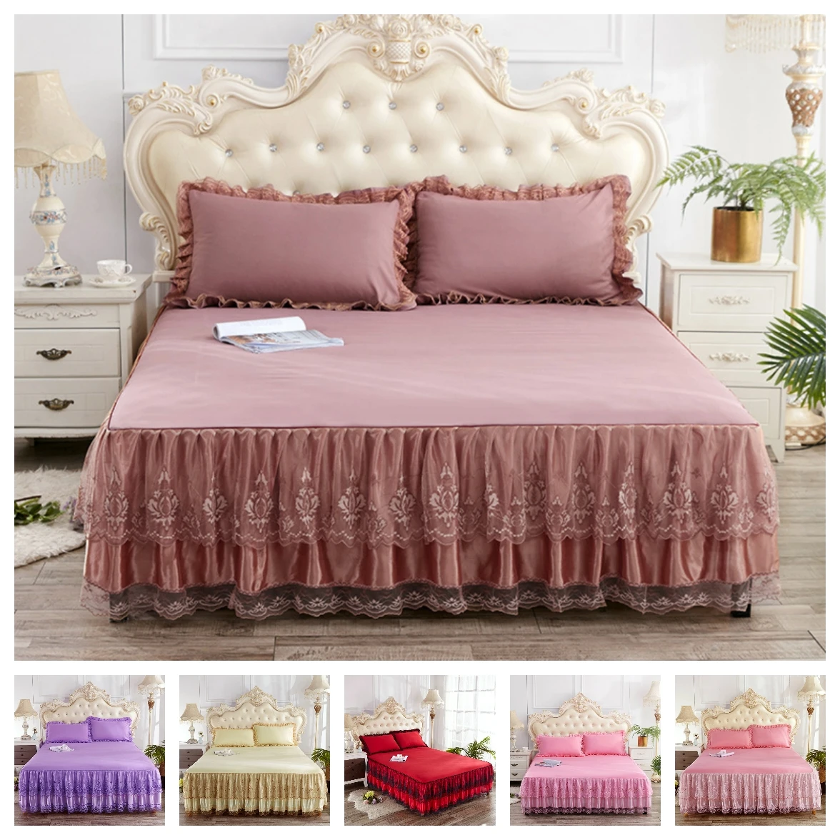 

Hot Sale Princess Bedding Solid Ruffled Bed Skirt Pillowcases Lace Bed Sheets Mattress Cover King Queen Full Twin Size Bed Cover