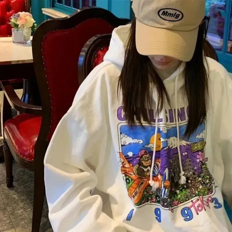 

Preppy Style White Cartoon Print Sudadera Mujer Korean Pullovers Women Y2k Casual High Street Loose Sweatshirt Hoodied Tops