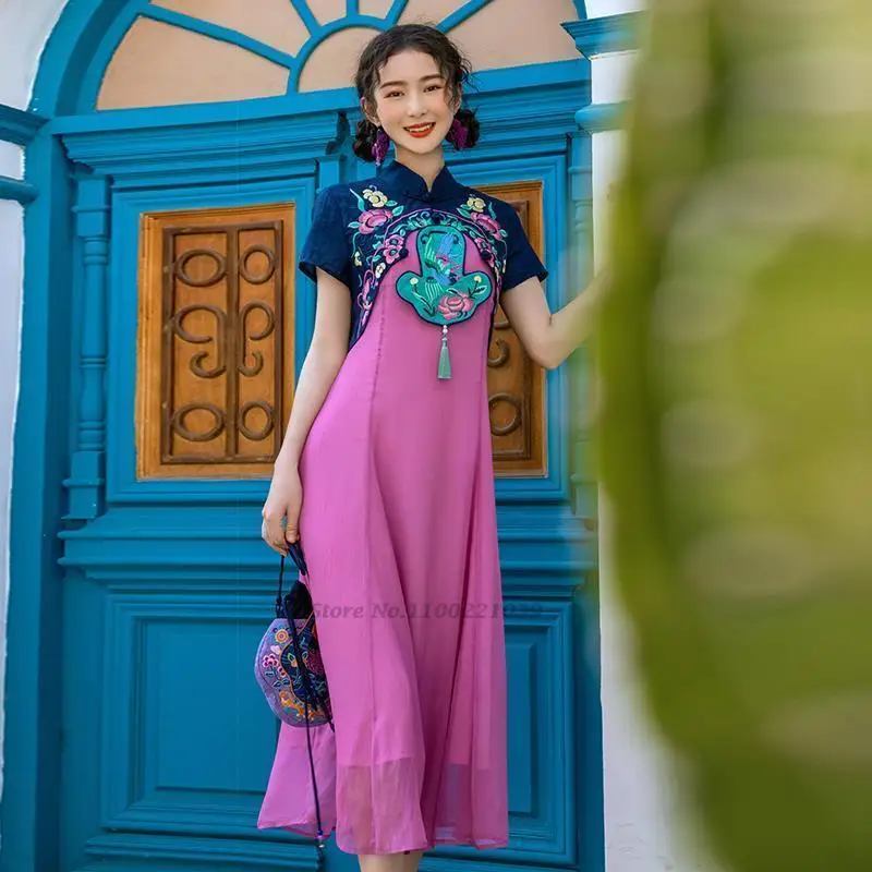 

2023 traditional chinese vintage dress hanfu national flower embroidery chiffon qipao elegant folk dance suit oriental dress