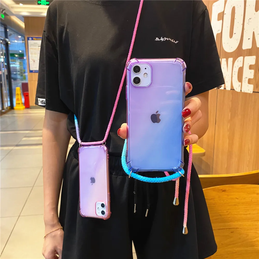 Rainbow Gradient Soft Phone Case For iPhone 14 13 12 11 Pro XS Max XR X 7 Plus 8 6 SE Necklace Lanyard Shoulder Strap Cord cover