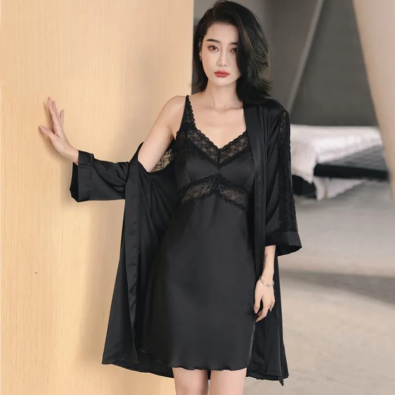 

2PCS Kimono Robe Suit Sexy Women LACE Bathrobe Sleepwear Nightgown Sleep Set Satin Home Dressing Gown Casual Loungewear