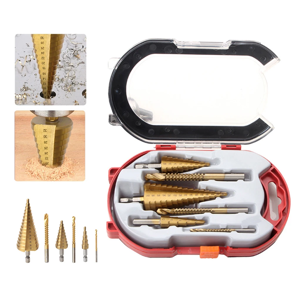 

6PCS HSS Titanium Step Drill Bit Milling Cutter Woodworking Metal Drilling Saw Drill Bits With Storage Box Power Equipment Tools