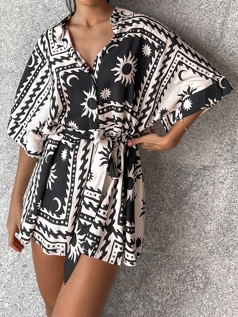 Женский Летний комбинезон с рубашкой и шортами принтом в виде