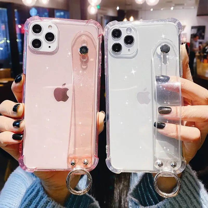 

Transparent Glitter Wrist Strap Phone Case For iPhone 11 12 13 mini Pro Max X XR XS Max 7 8 Plus SE 2020 Kickstand Cover