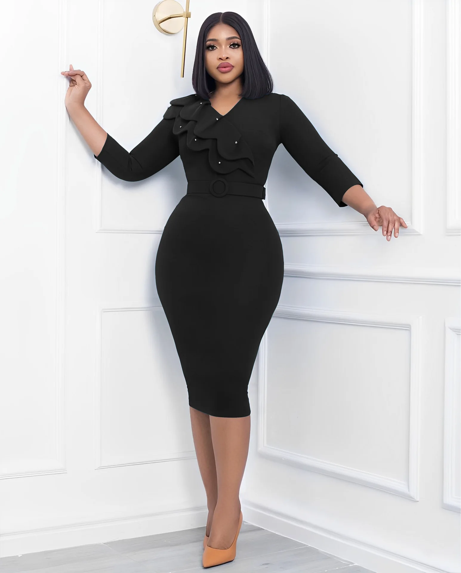 

Autumn Women's Dress Solid Color Double-Layer Collar Pearl with Belt Sexy Slim Skinny Package Hip Winter Female Outfits C5006