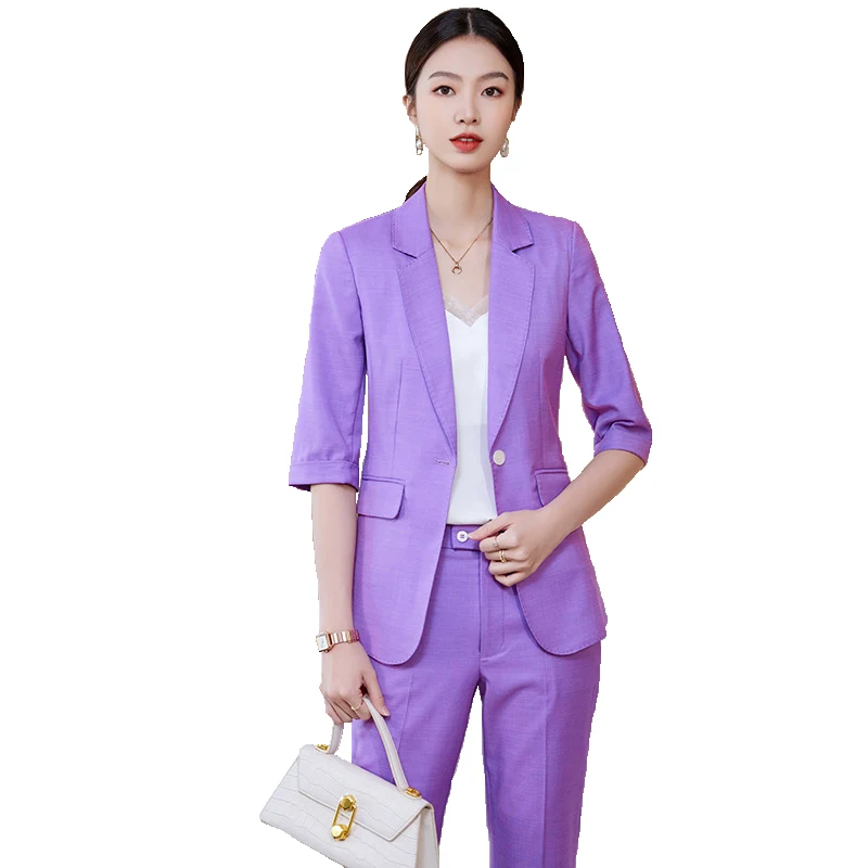

Formal Women Business Suits Pantsuits with Pants and Jackets Coat Half Sleeve Spring Summmer Professional Trousers Set Blazers