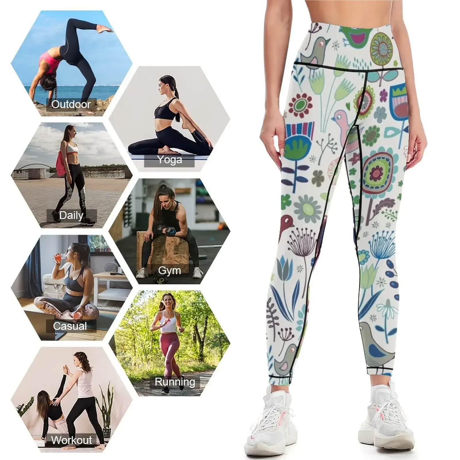 Фото Леггинсы с цветочным узором и птицами от Cecca Designs - Iznik - Спортивная одежда для фитнеса и активного отдыха, женские леггинсы. №4