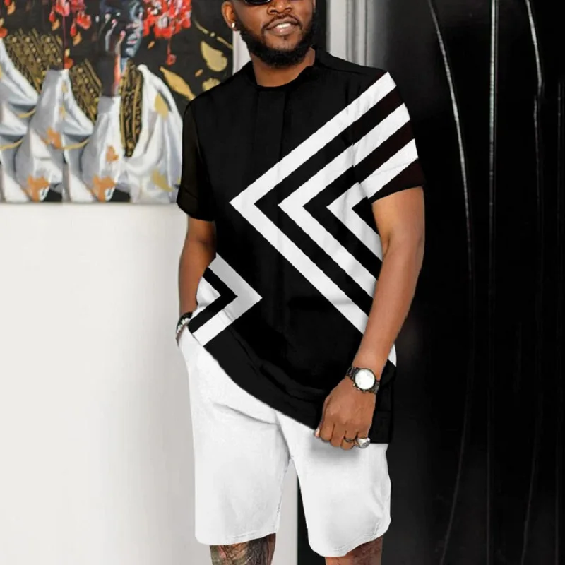 Summer Men T-shirts Set Geometric Pattern Beach Tracksuit Short Sleeved Pants 2 Piece Outdoor Streetwear Casual Man Clothing 6XL