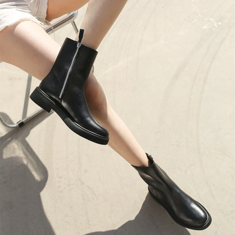 

Ankle Boots Platform Women Cow Leather Chelsea Boots Round Toe Elastic Band Thick Sole Ladies Shoes Handmade