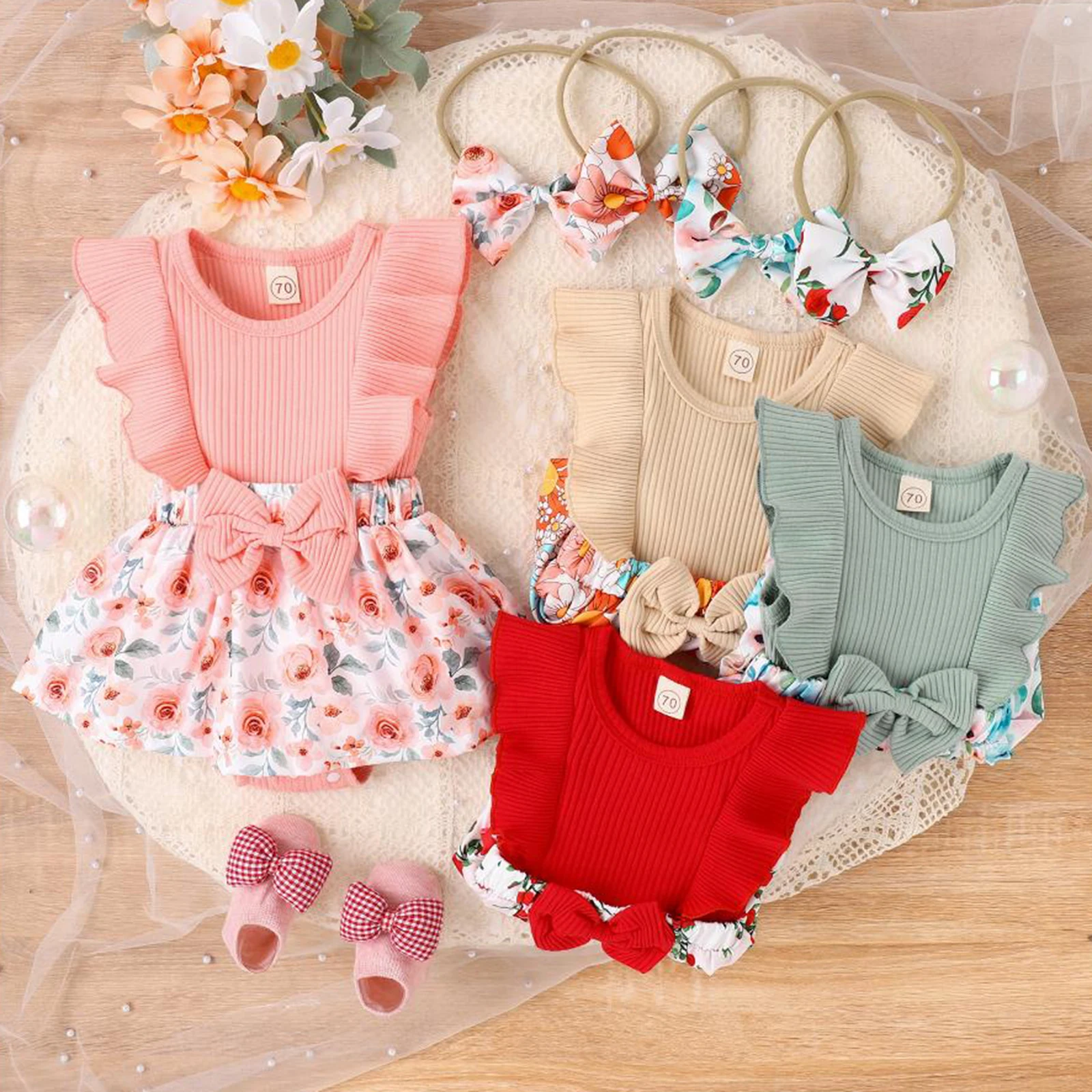 

2023-05-07 Lioraitiin 0-18M Baby Girls Bodysuit Dress Fly Sleeve Crew Neck Floral Romper with Bowknot Headband Baby Outfit