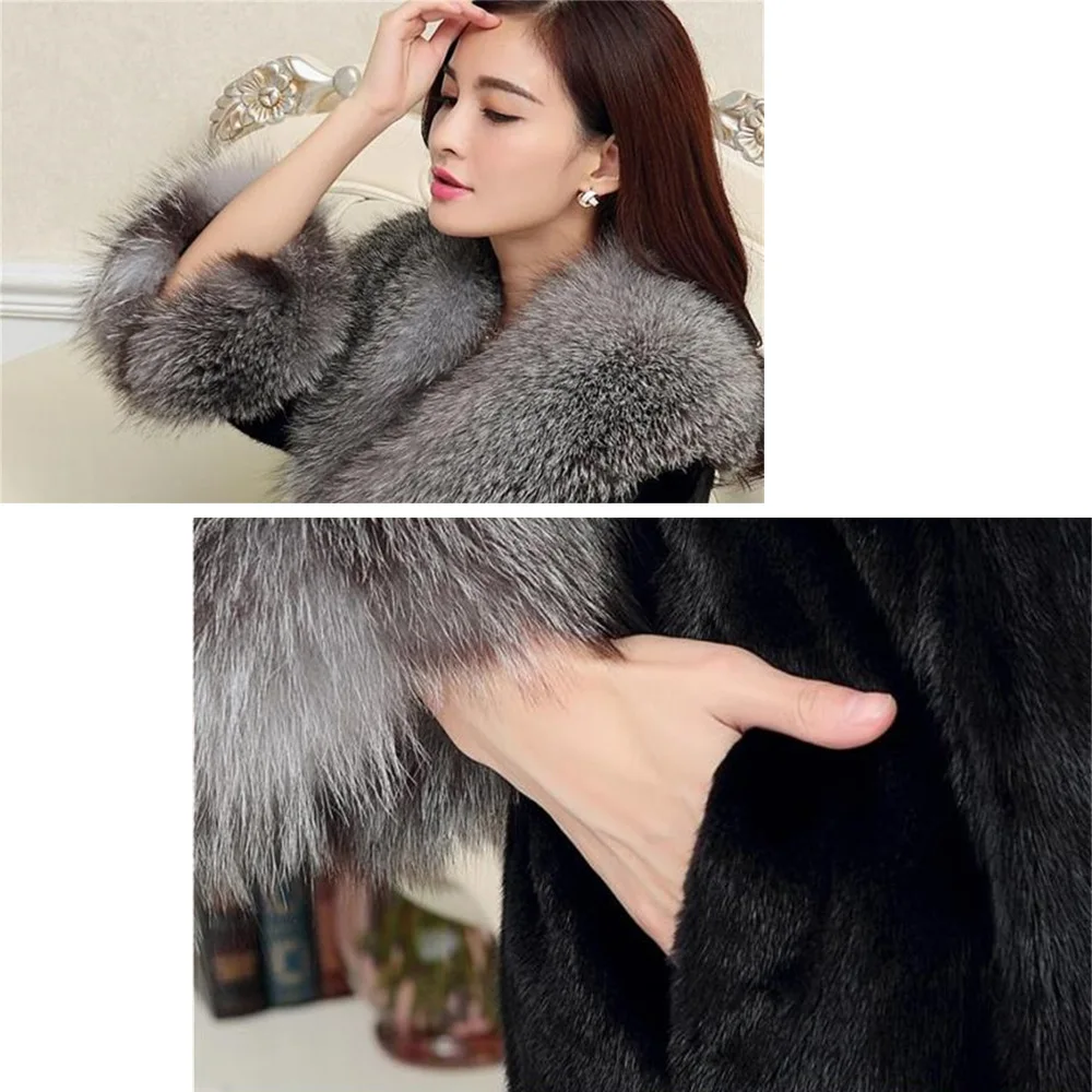 ICCLEK Imitation mink length coat women's autumn and winter fashion fox fur collar top women's slim large imitation fur coat