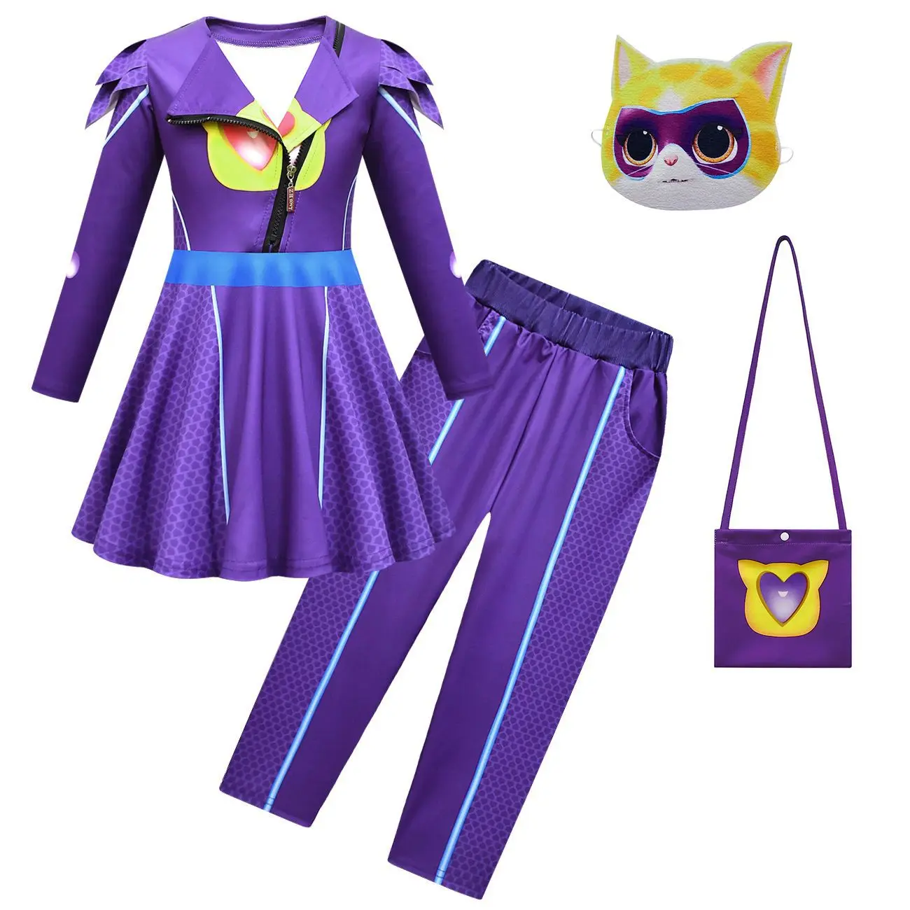 NEW SuperKitties Cosplay Costume Children Girls Super Kitties Anime Clothes Dress+mask Set Kids Carnival Halloween Birthday Gift