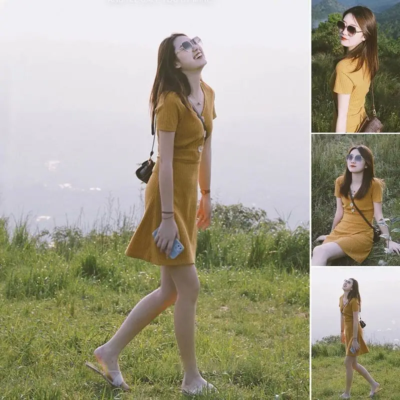 

Женское трикотажное платье с коротким рукавом, желтое тонкое трикотажное платье в простом ретро-стиле с изображением милой первого влюбленных, весна-лето 2023