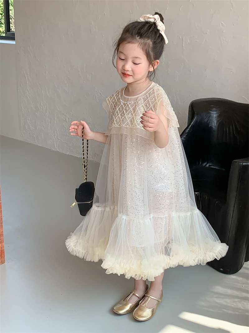 

Girls Baby Dress Spring Summer Pearl Mesh Sequined Sleeveless Floral Toddler Kids Dresses Children's Costumes Clothing