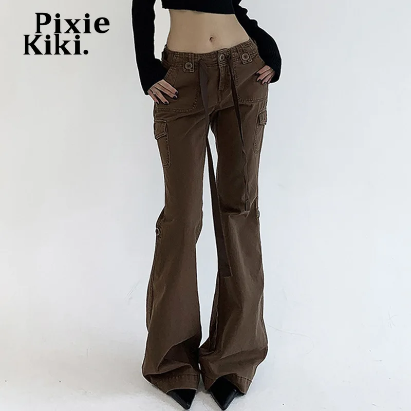 

Женские расклешенные джинсы PixieKiki с низкой посадкой, брюки-карго в стиле гранж Y2k, винтажная одежда в стиле 90-х, черные, коричневые джинсовые брюки, уличная одежда