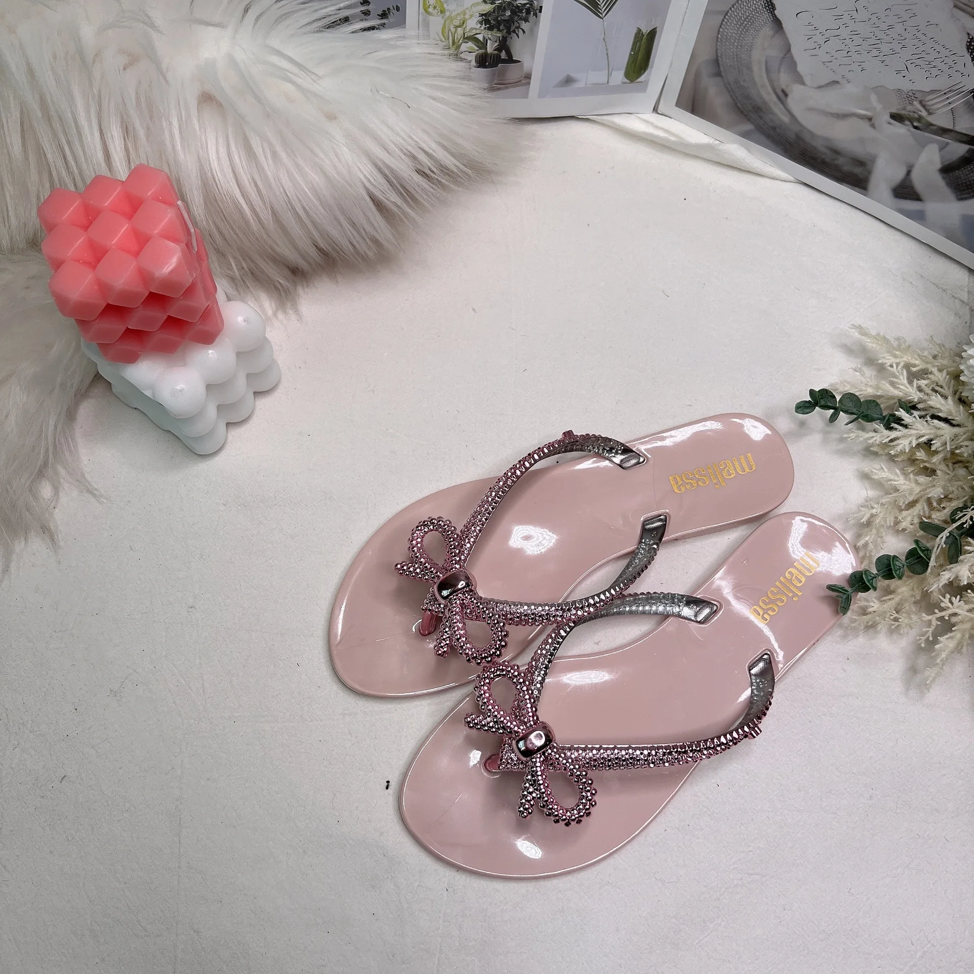 

Женские пляжные шлепанцы Melissa, оригинальные блестящие сандалии-желе с бантом, летние шлепанцы для взрослых, SM089