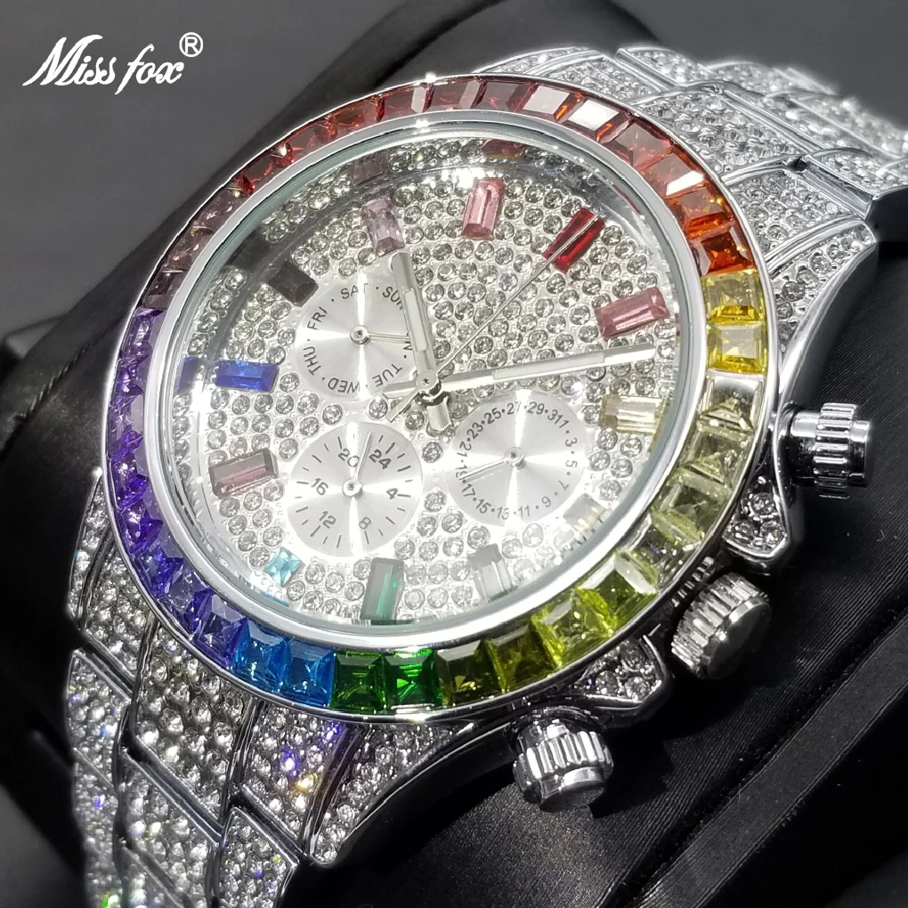 

MISSFOX Colorful Full Daimond Men's Watches Luxury Iced Out Calendar Quartz Wristwatch Hip Hop Fashion Luminous Waterproof Clock