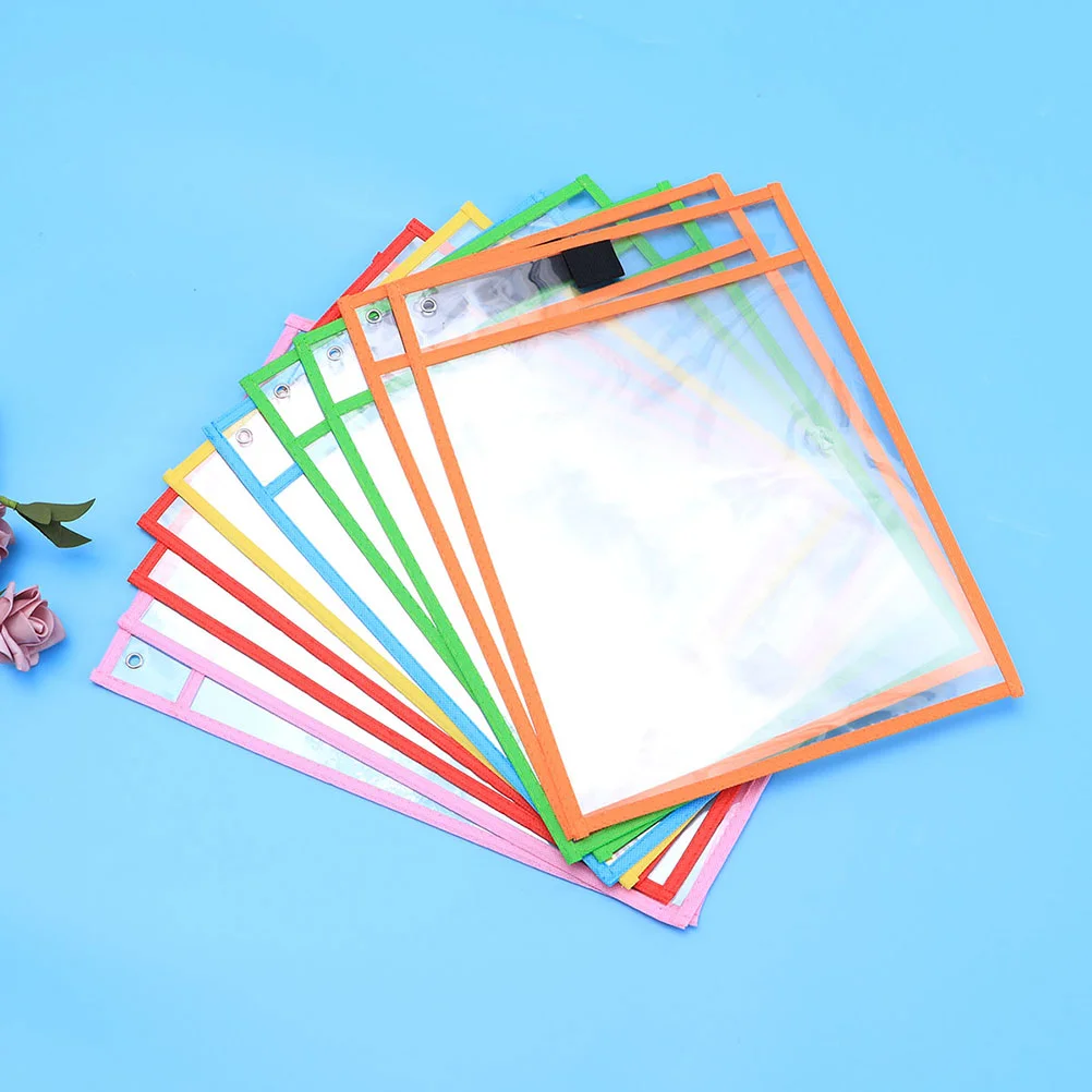 

Reusable Dry Erase Pockets Assorted Colors Stationery for Office School with Pen Case PVC Transparent Write and Wipe