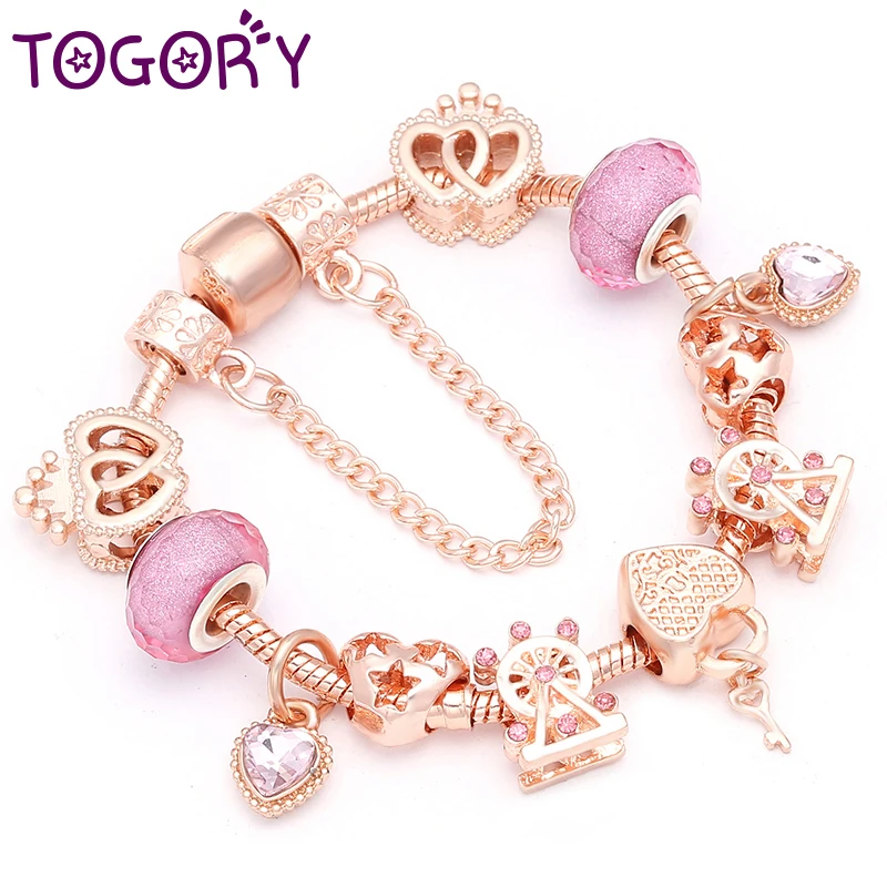 TOGORY New Heart &amp Key Pendant Rose Gold Color Fine Bracelets Bangles Ferris Wheel Beads Charm Bracelet For Women Jewelry Gift