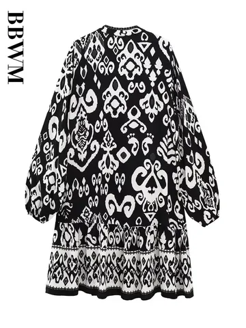 Spring Summer 2023 Dress Women Printed Mini Dresses Loose Ladies Soft Party Dresses Vintage Long Sleeve Chic A-line Vestidos