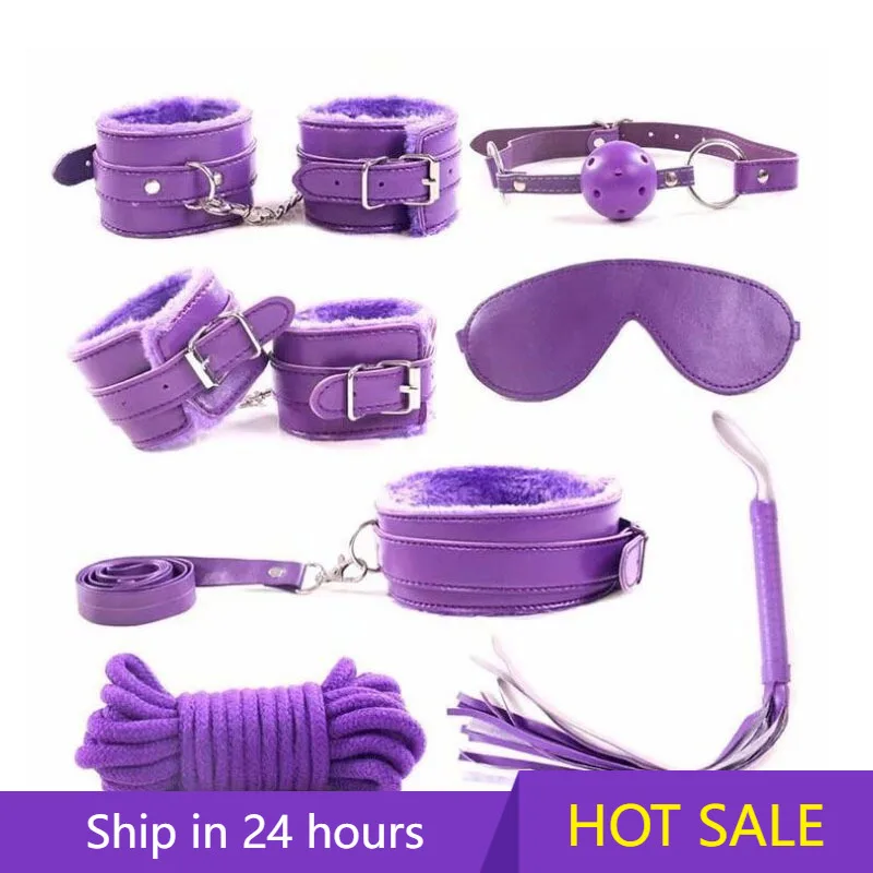7 Pieces/Set Collar Furry Fuzzy Bed Bondage Gear Restraint Set Kit Ball Gag Cuff Whip Sexy Products Sex Toys For Lovers 40#