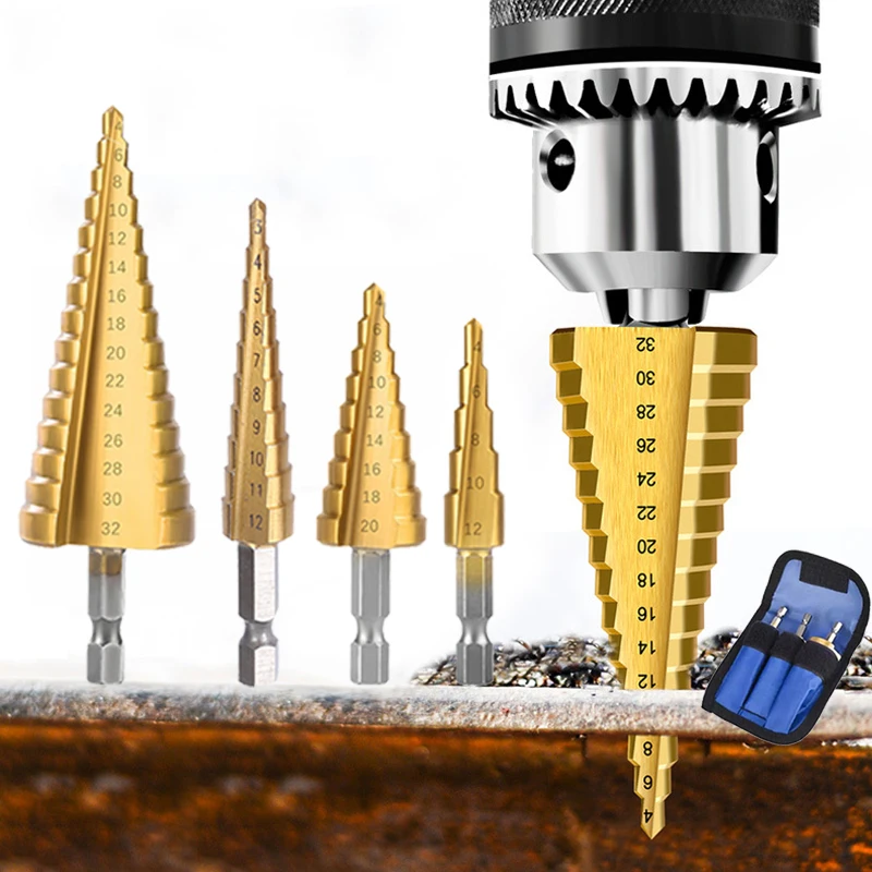 Купи 3 Pieces/Set Step Drill Bit HSS Titanium Coated Drilling Power Tools Metal Wood Hole Cutter Cone Drills за 128 рублей в магазине AliExpress