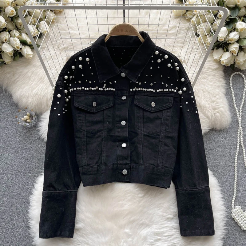 

Pearl Beading Jean Denim Short Jackets Women Loose Chaqueta Mujer Office Coat Autumn Spring Female Chaquetas Oversized Outerwear