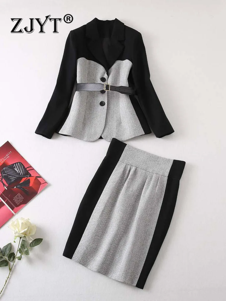 

ZJYT Runway Designer Color Block Blazer Suits with Skirt 2 Piece Women Autumn Winter Dress Set Elegant Outfits for Office Wear