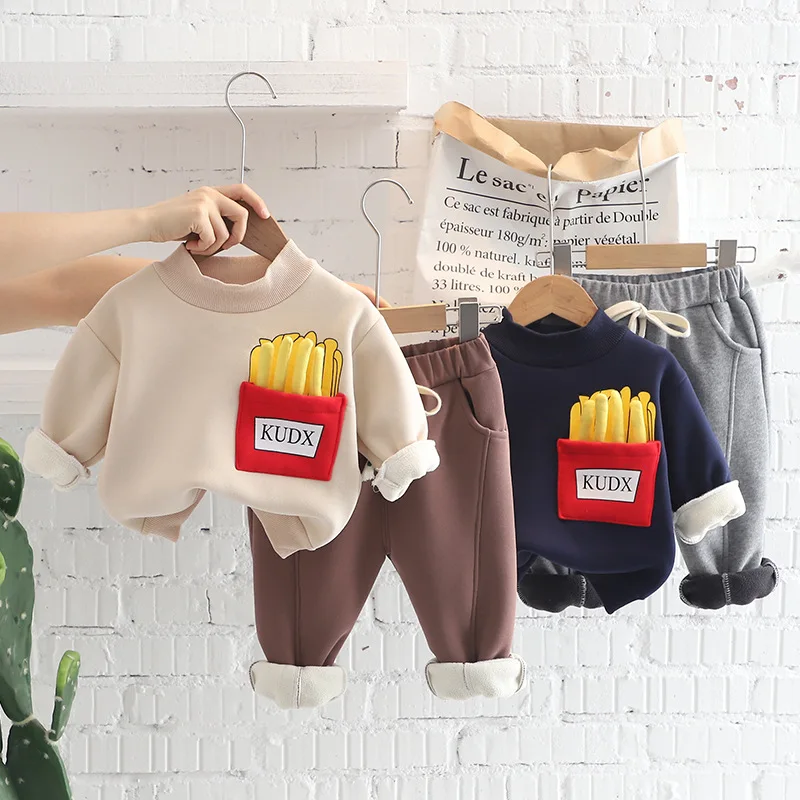 

2023 New Spring Autumn Kids Clothes Baby Boy Thick Warm Velvet Hoodies Pants 2Pcs/Sets Toddler Cotton Tracksuits for Kids 1-5T