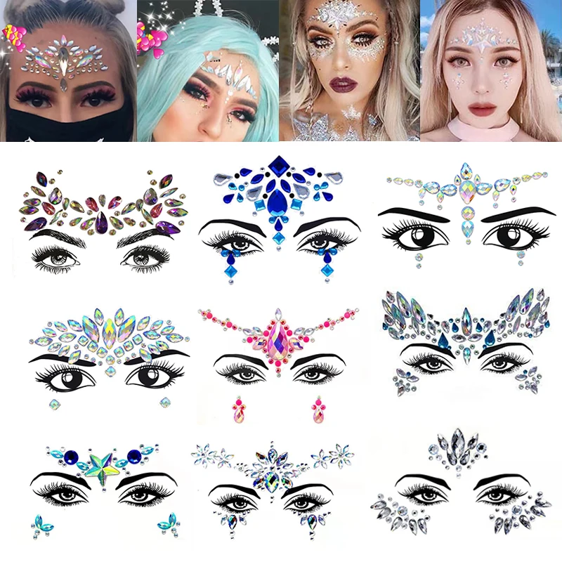

3D Sexy Diamond Eyebrow Stickers Rhinestones Glitter Face Decoration Temporary Fake Tattoo Stickers Crystal Chest Jewels