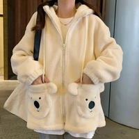 anbenser women japanese kawaii oversized zip up hoodie soft girl hooded sweatshirt lamb wool coat pocket hoodies cute clothes