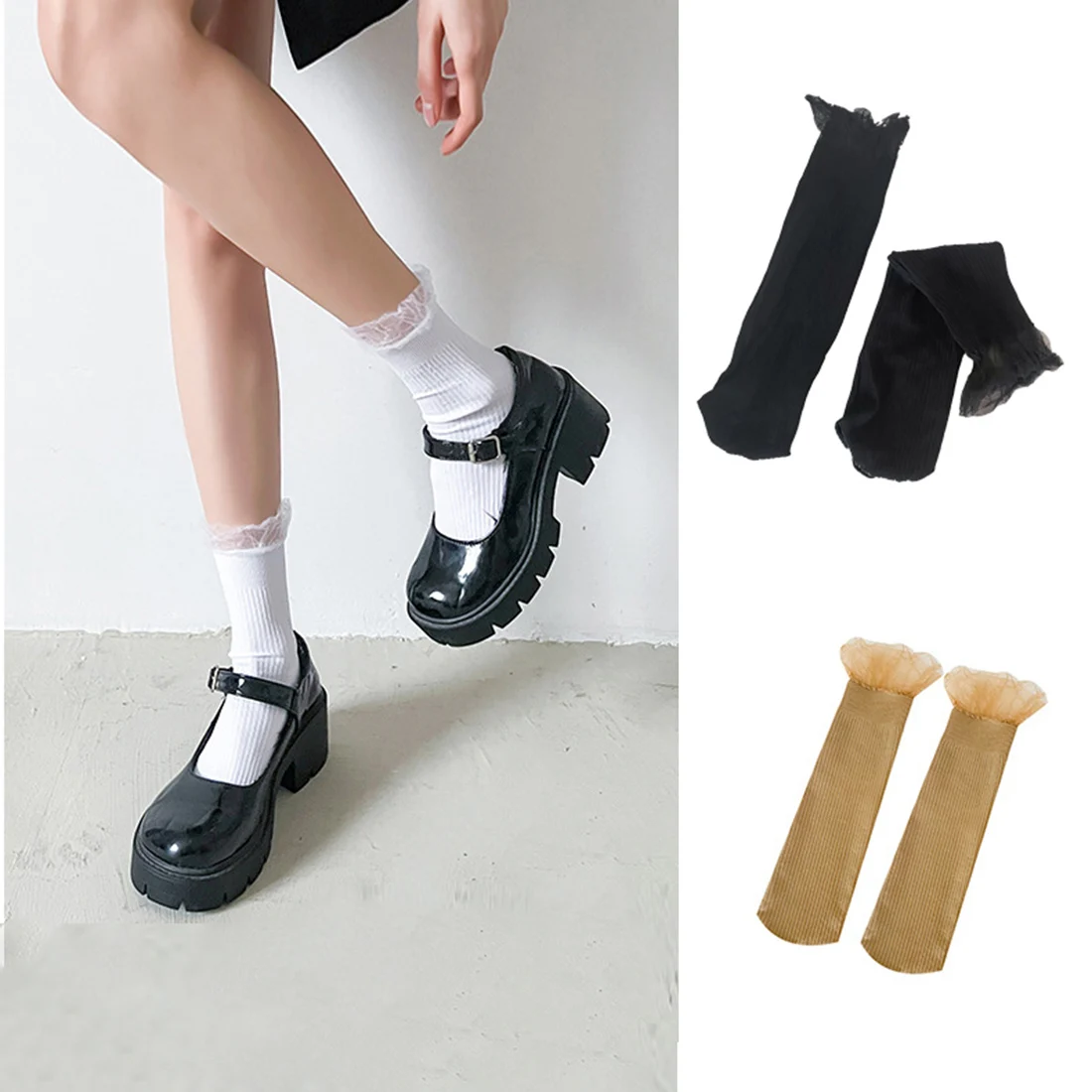 

Harajuku Frilly Ruffle Princess Socks Women Lace Mesh Black White Cotton Socks Lolita Style Japanese Maiden Lovely Short Socks