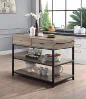 New High Quality Kitchen Island Rustic Oak  Black Finish 2 Storage Drawers and 2 Tier Shelf Dining Furniture Kitchen Furniture