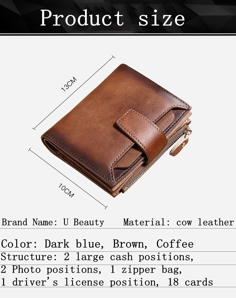 Men's Short Leather Wallet Full Head Classic Retro Brown Leather Multi Card Large Capacity Leisure Wallet Driver's License Walle