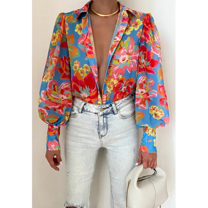 Повседневная рубашка с рукавами-фонариками и принтом блузка женская мода