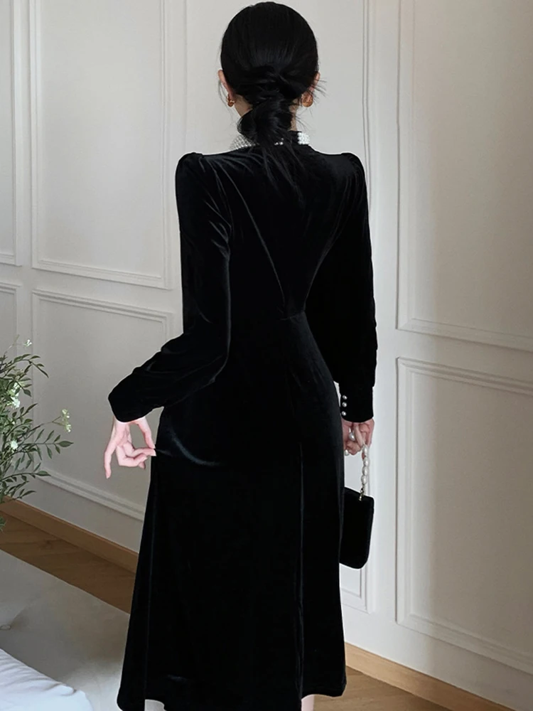 Осеннее черное бархатное платье для женщин французское винтажное офисное