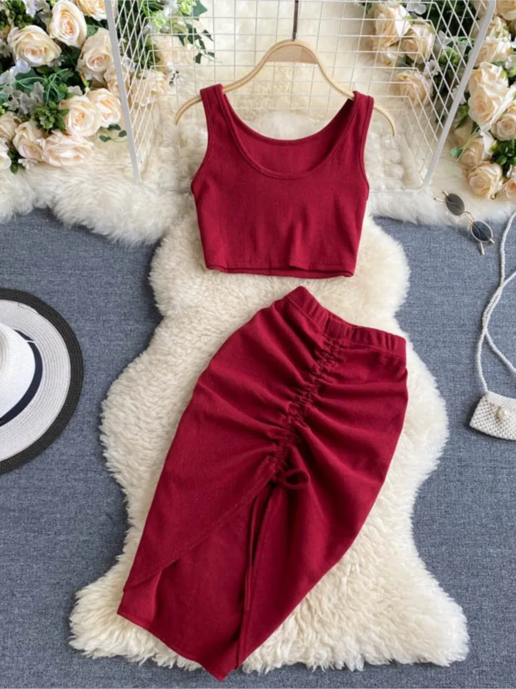 

Summer Women Kintted Sexy Skirt Set Cropped Top Elastic Slim Skirt Two Piece Set Female Holiday Skirt Suit