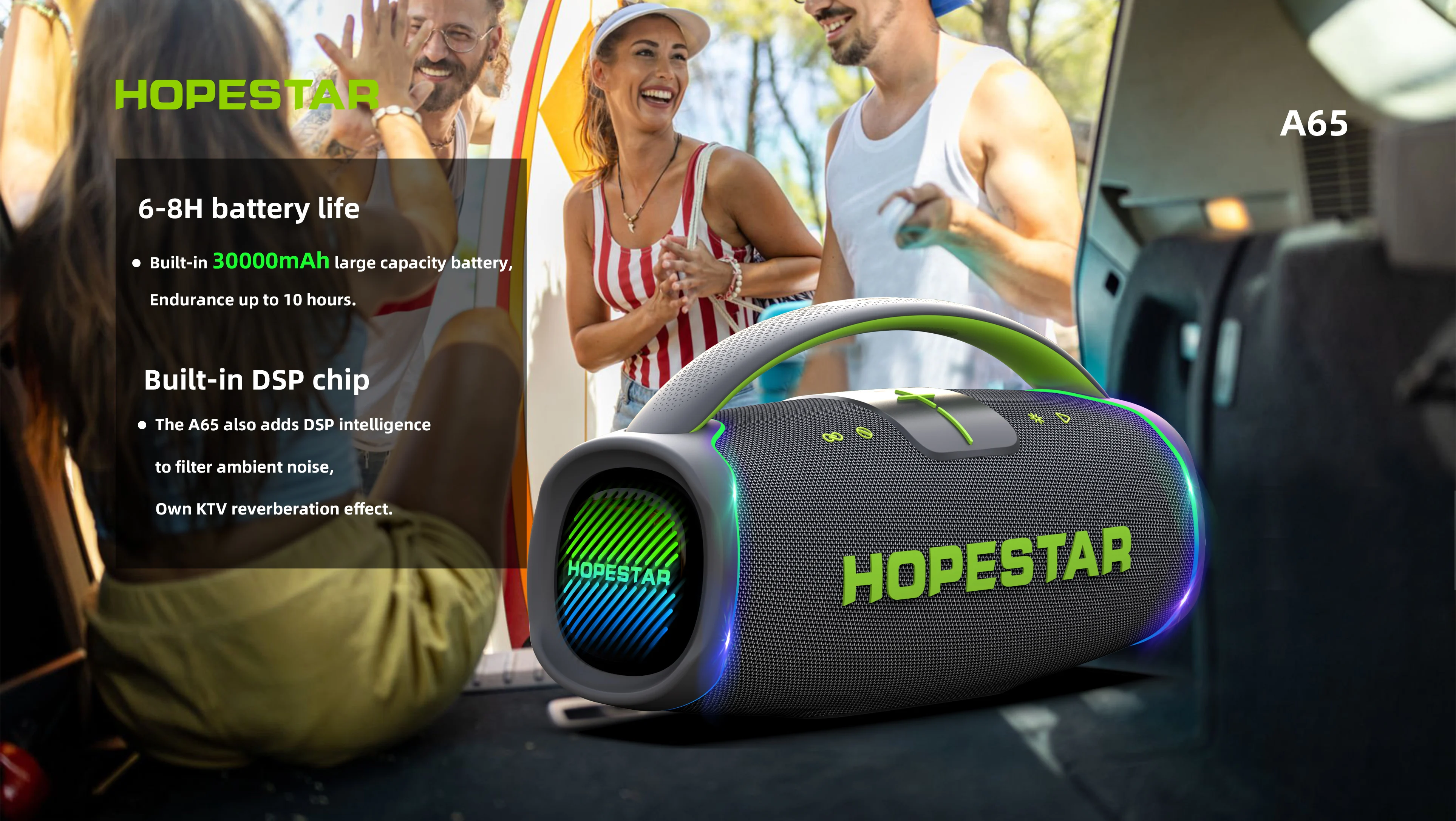 Фото Портативная колонка HOPESTAR A65 300W с RGB LED подсветкой, водонепроницаемая (IPX6), с мощными басами, трехдиапазонными динамиками, для вечеринок на открытом воздухе, беспроводная акустическая система №3
