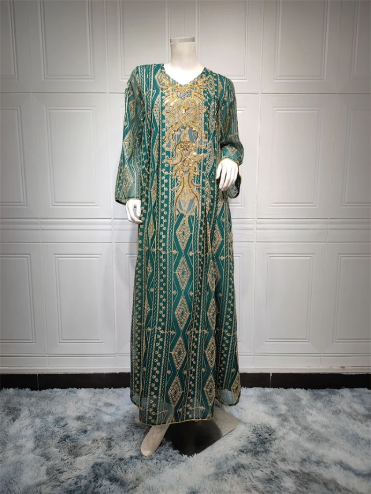 Jalabiya Ramadan 2023 Kuwaiti Kaftan Dubai Luxury Sequins Ethnic Embroidery Long Dresses Vintage Women Abaya Happy Eid Mubarak