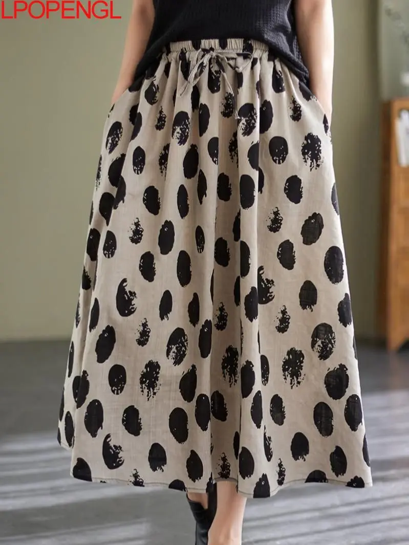 

Женская весенне-летняя Свободная юбка до середины икры, из хлопка и льна